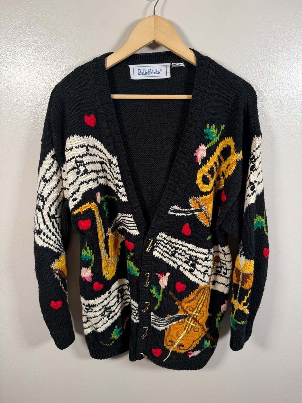 Vintage Belle Pointe Music Cardigan Sweater Large Heavy Novelty Instrument 90s
